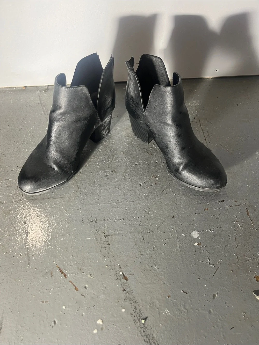 me too Black Leather Ankle Booties with Cutout V Detailing